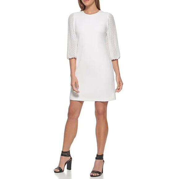 DKNY Women's Cream Illusion Dotted 3/4 Sleeve Crewneck Crepe Shift Mini Dress - Picture 12 of 12